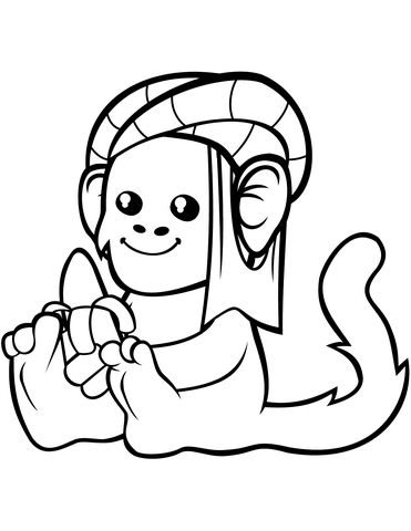 Cute Monkey In A Turban With Banana Coloring Page